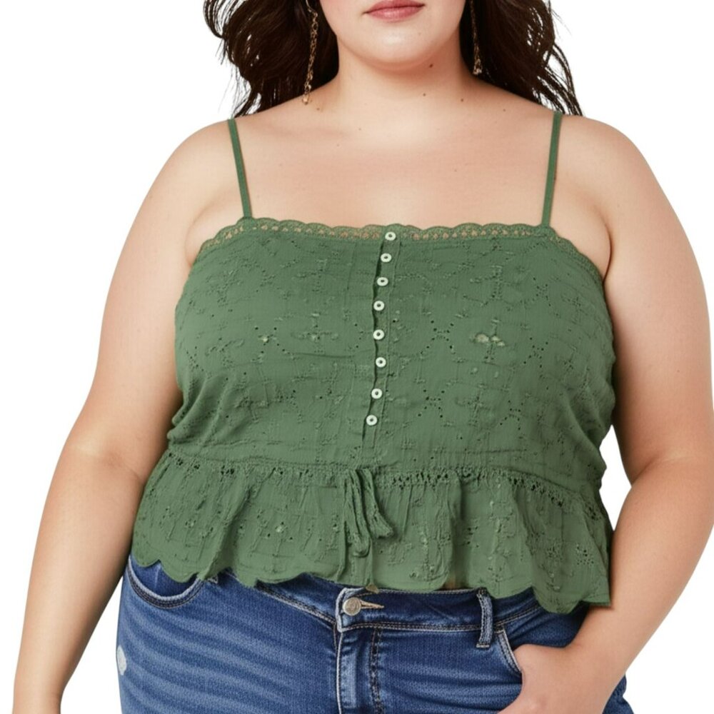Aerie Sage Eyelet Embroidered Smocked Crop Top XL Boho Peplum Cami Blouse